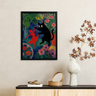 Framed Art Print Featuring a Black Cat and Red Figure in a Vibrant Garden Style, Perfect for Home Decor or Gift