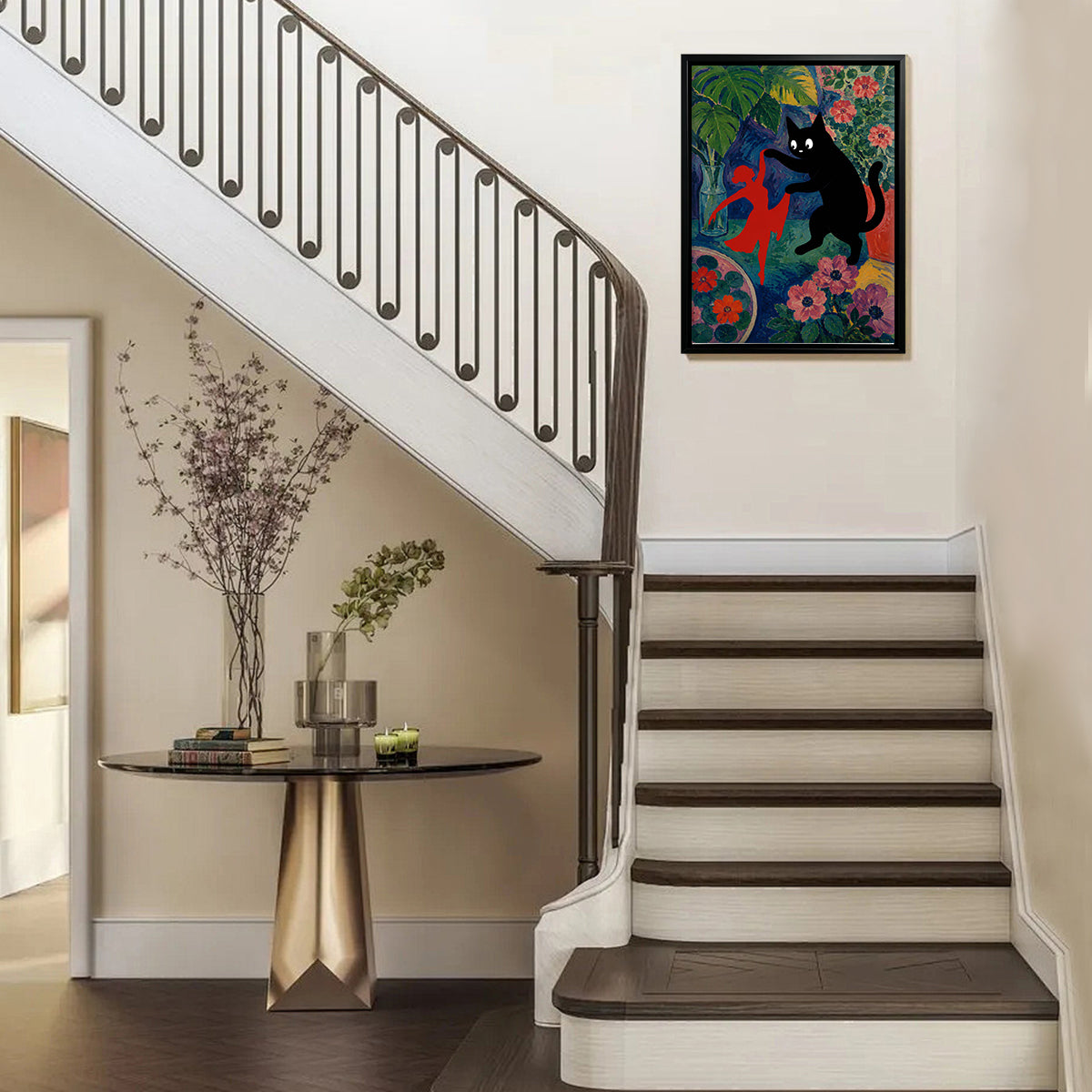 Framed Art Print Featuring a Black Cat and Red Figure in a Vibrant Garden Style, Perfect for Home Decor or Gift