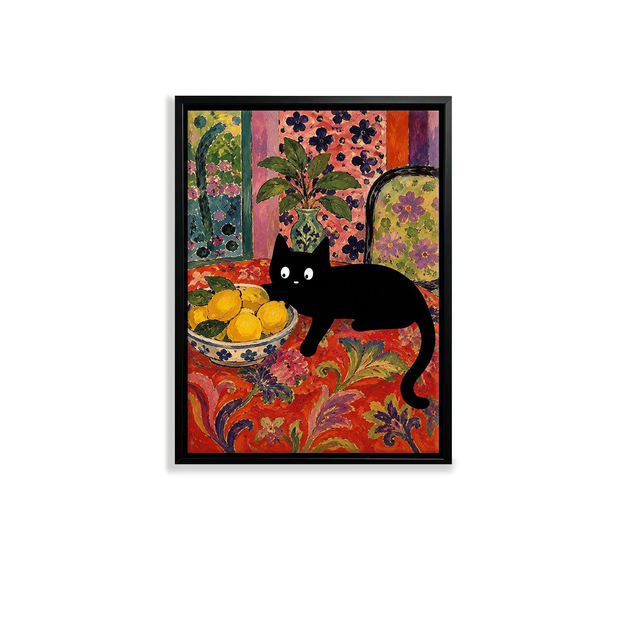 Framed Cat with Lemons Art Print, Vibrant Floral Style, High-Quality Matte Finish, Perfect Home Decor for Any Room