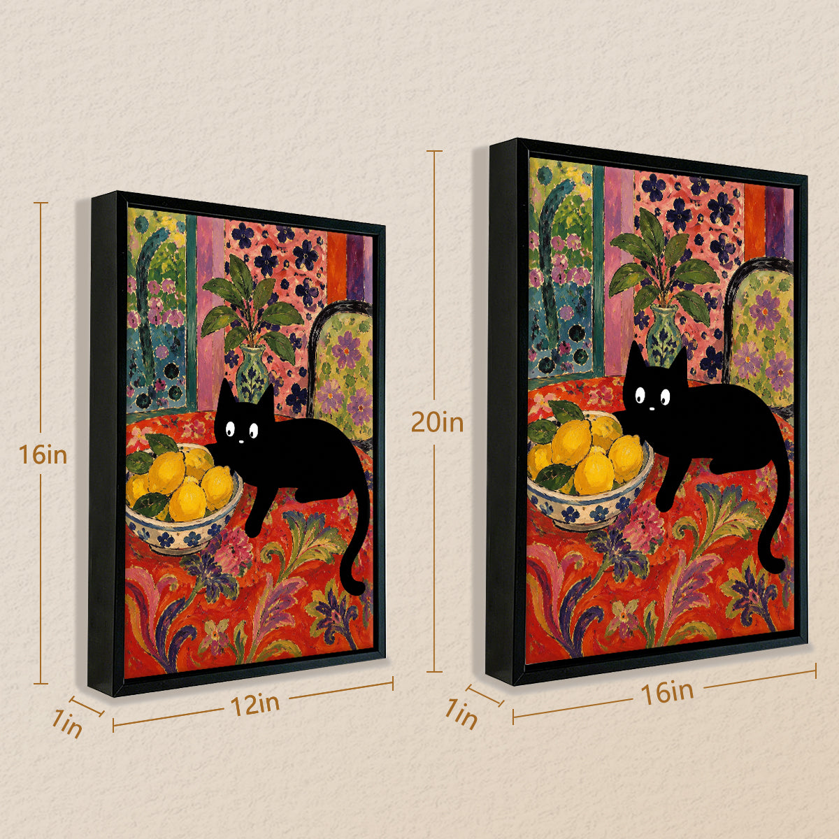 Framed Cat with Lemons Art Print, Vibrant Floral Style, High-Quality Matte Finish, Perfect Home Decor for Any Room
