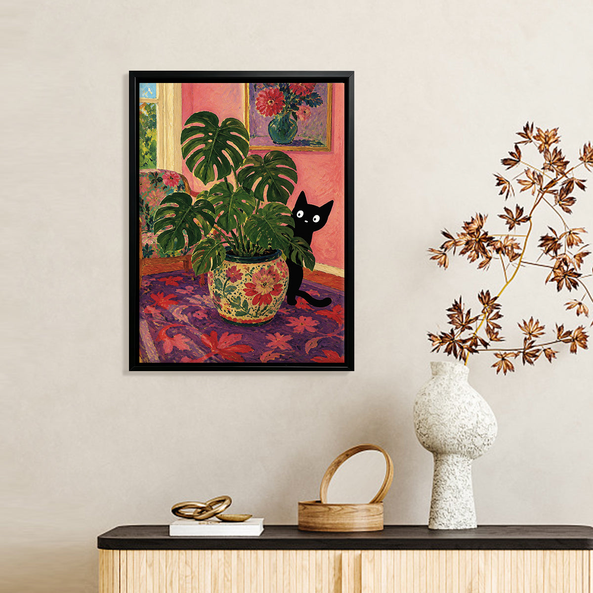 Framed Art Print of Black Cat with Monstera Plant in Floral Pot, Vintage Style Home Decor