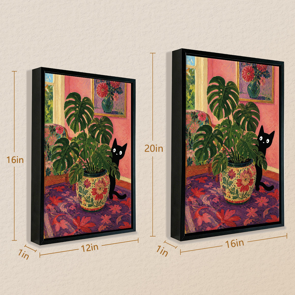 Framed Art Print of Black Cat with Monstera Plant in Floral Pot, Vintage Style Home Decor