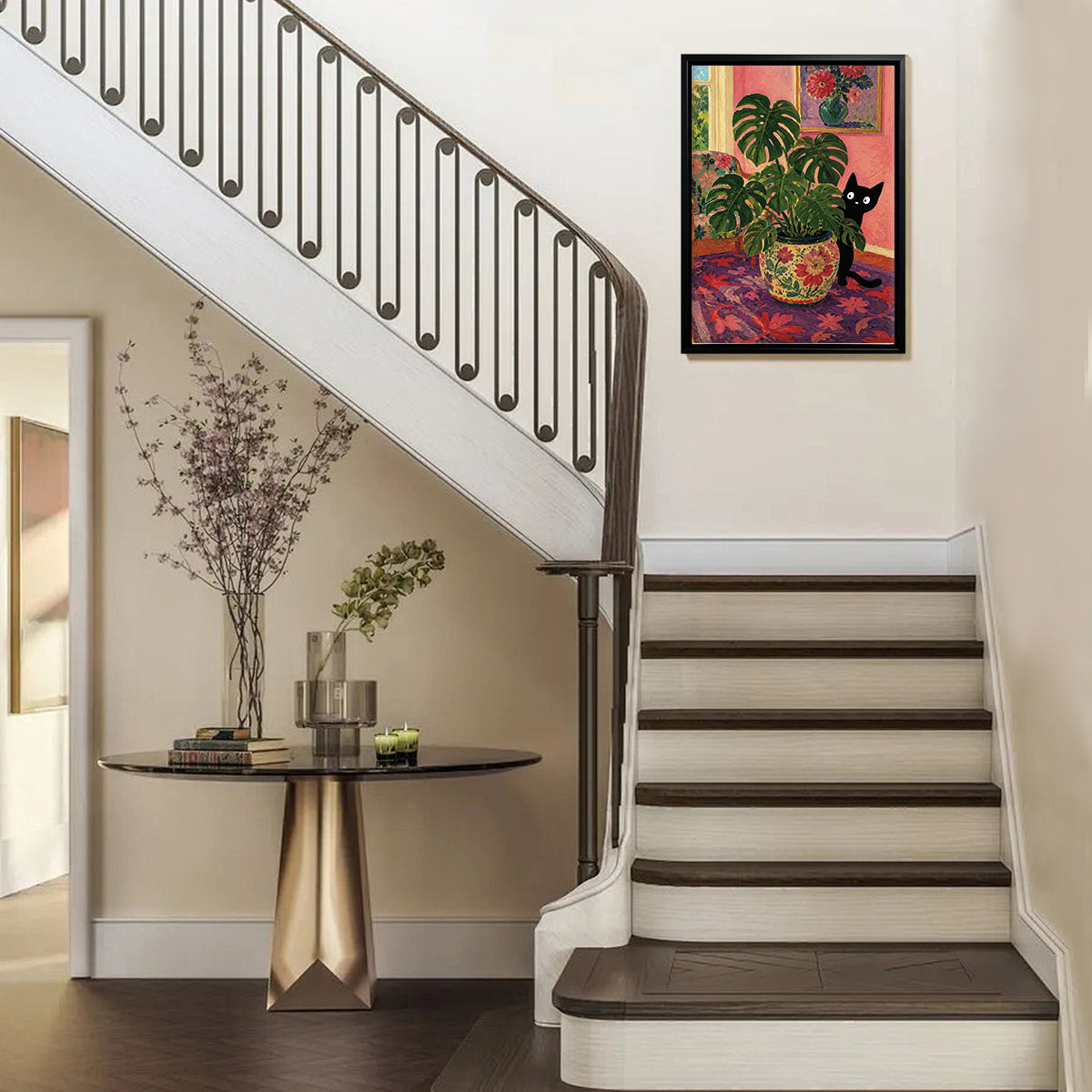 Framed Art Print of Black Cat with Monstera Plant in Floral Pot, Vintage Style Home Decor