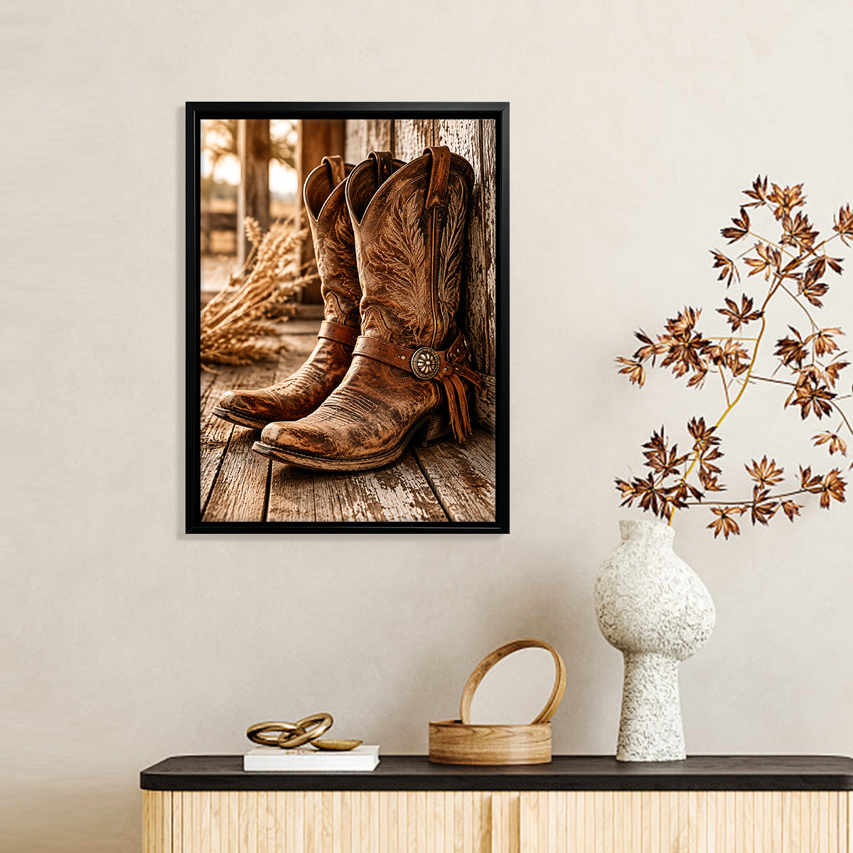 Framed Western Cowboy Boots Art Print, Rustic Leather Design, Perfect Home Decor for Any Room