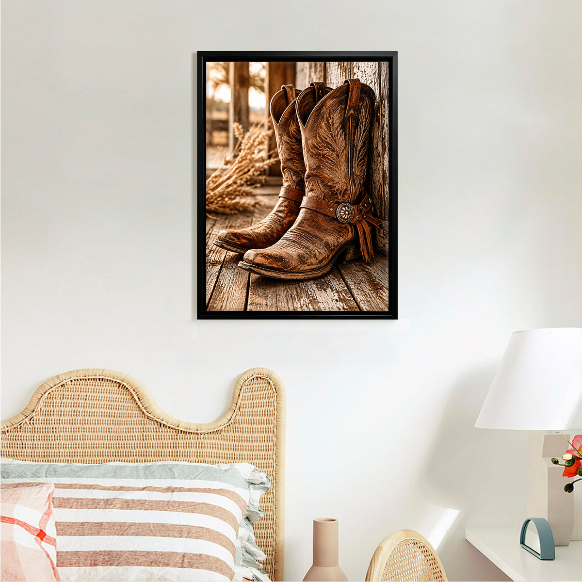Framed Western Cowboy Boots Art Print, Rustic Leather Design, Perfect Home Decor for Any Room