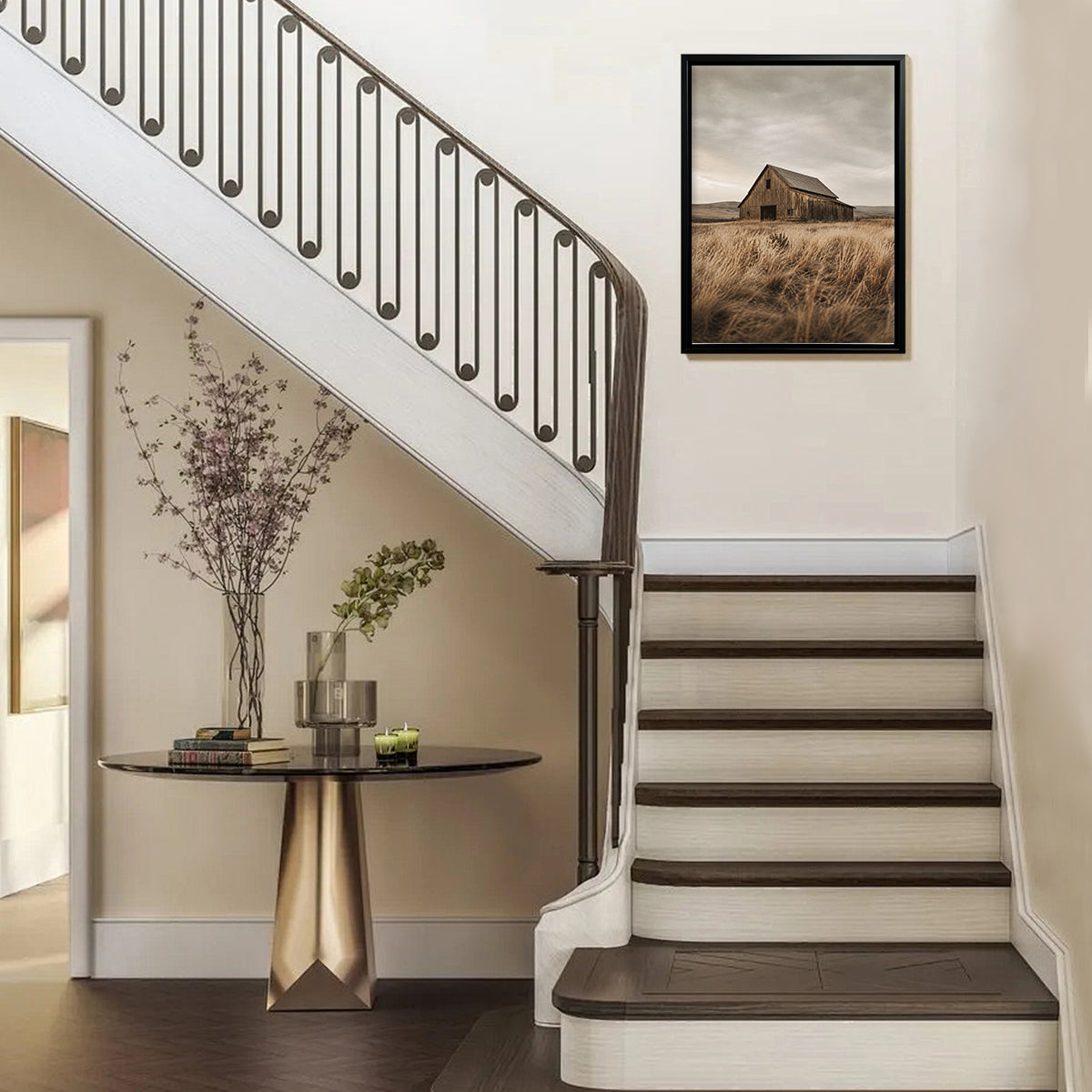 Framed Barn Landscape Art Print, Vintage Rustic Style, High-Quality Matte Finish, Perfect for Home Decor in Any Room