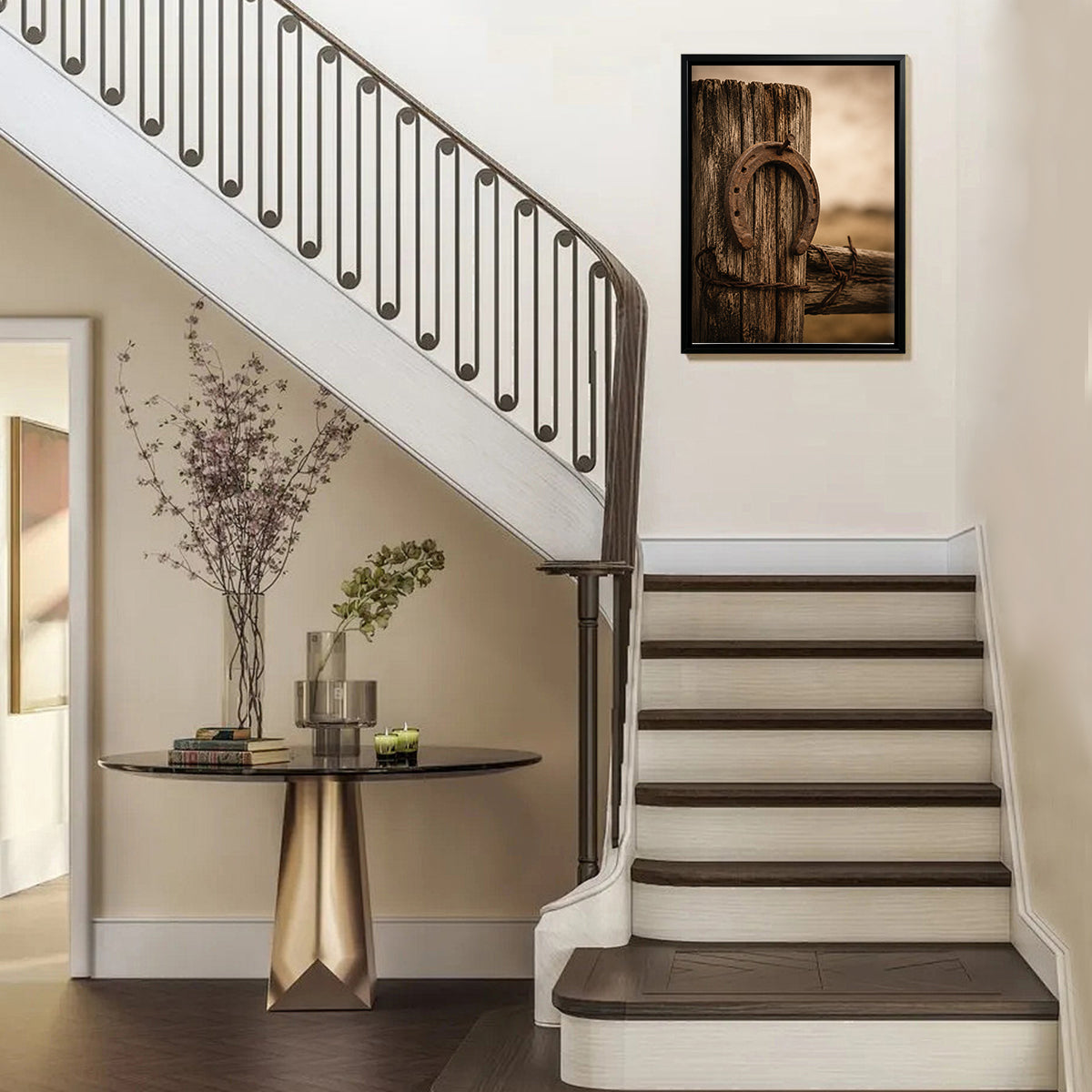 Framed Western Horseshoe Art Print, Rustic Wood Texture, Perfect Home Decor for Any Room
