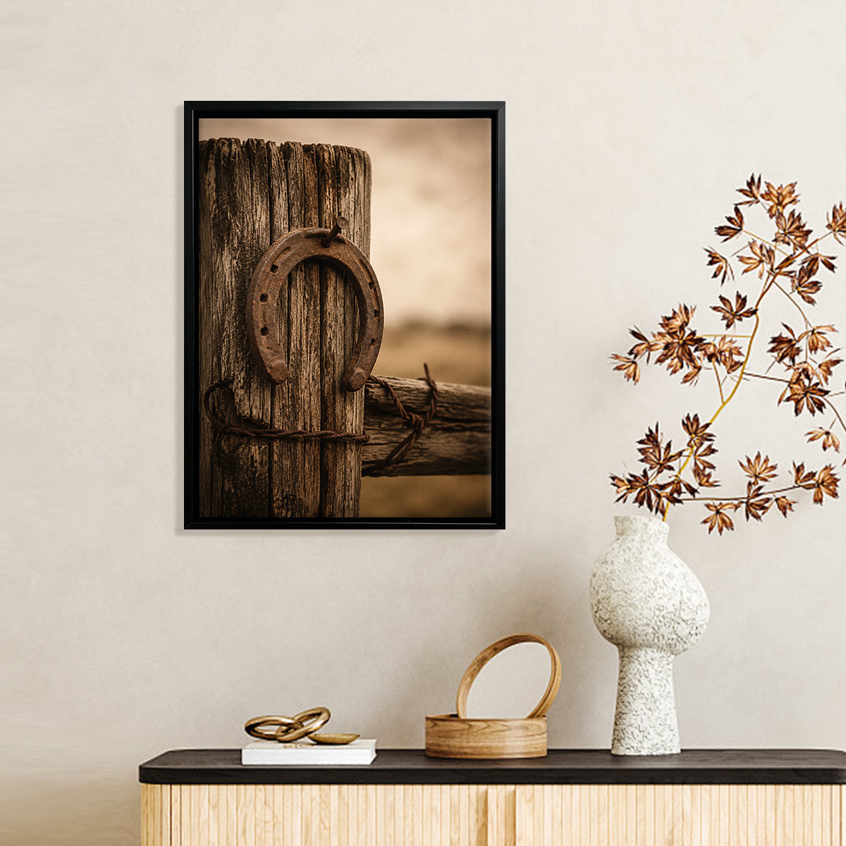 Framed Western Horseshoe Art Print, Rustic Wood Texture, Perfect Home Decor for Any Room