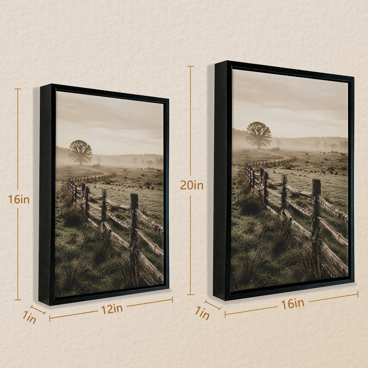 Framed Rural Landscape Art Print with Wooden Fence and Misty Meadow, Vintage Style