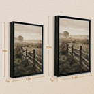 Framed Rural Landscape Art Print with Wooden Fence and Misty Meadow, Vintage Style