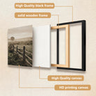 Framed Rural Landscape Art Print with Wooden Fence and Misty Meadow, Vintage Style