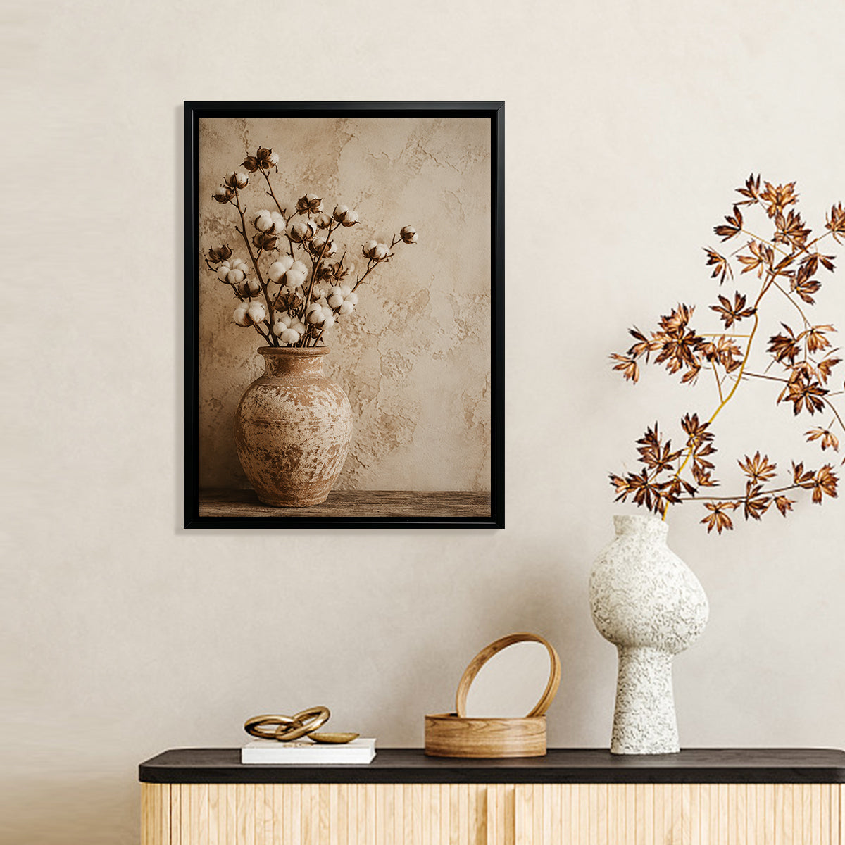 Framed Cotton Blossom Still Life Art Print, Vintage Style Ceramic Vase, Home Decor for Living Room or Bedroom