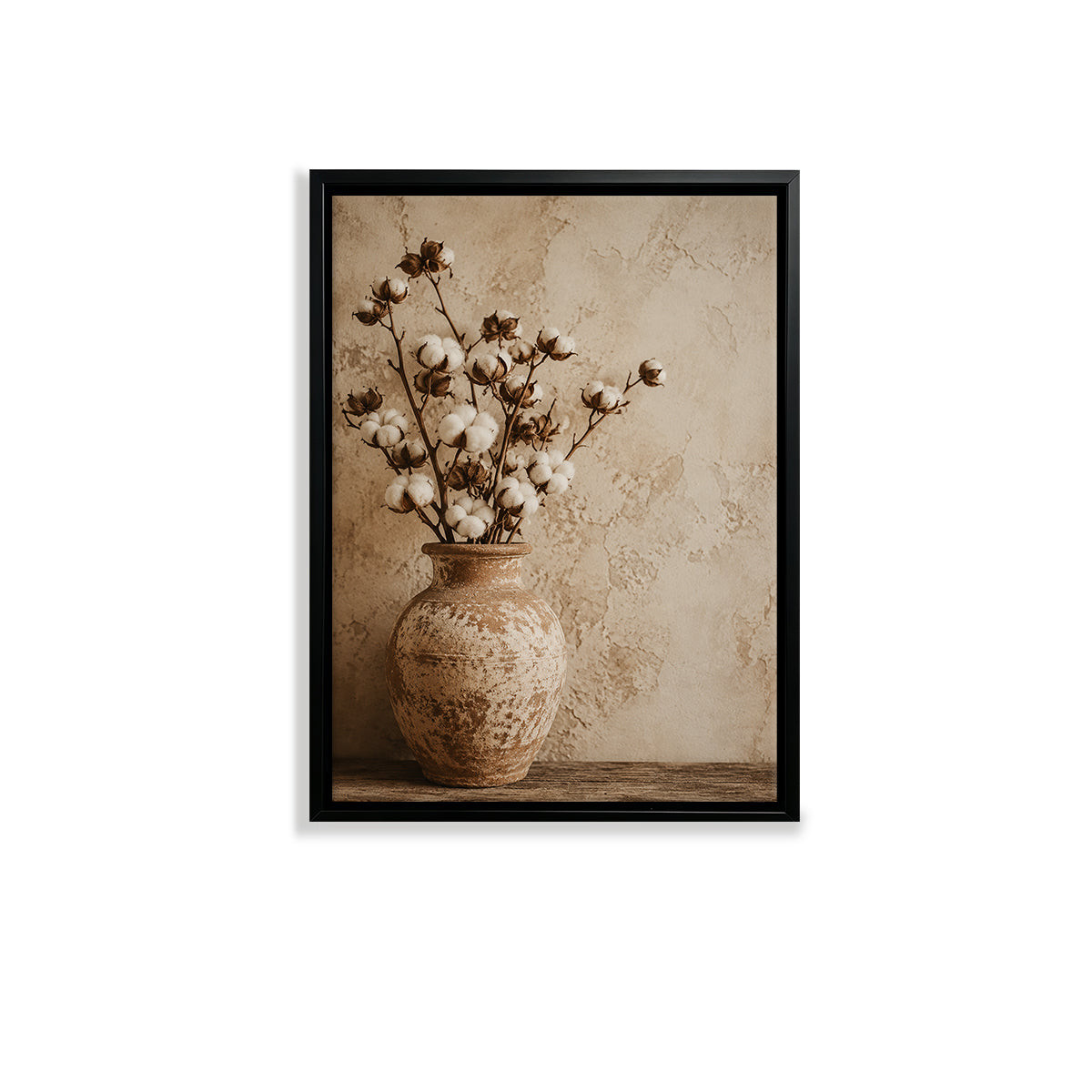 Framed Cotton Blossom Still Life Art Print, Vintage Style Ceramic Vase, Home Decor for Living Room or Bedroom