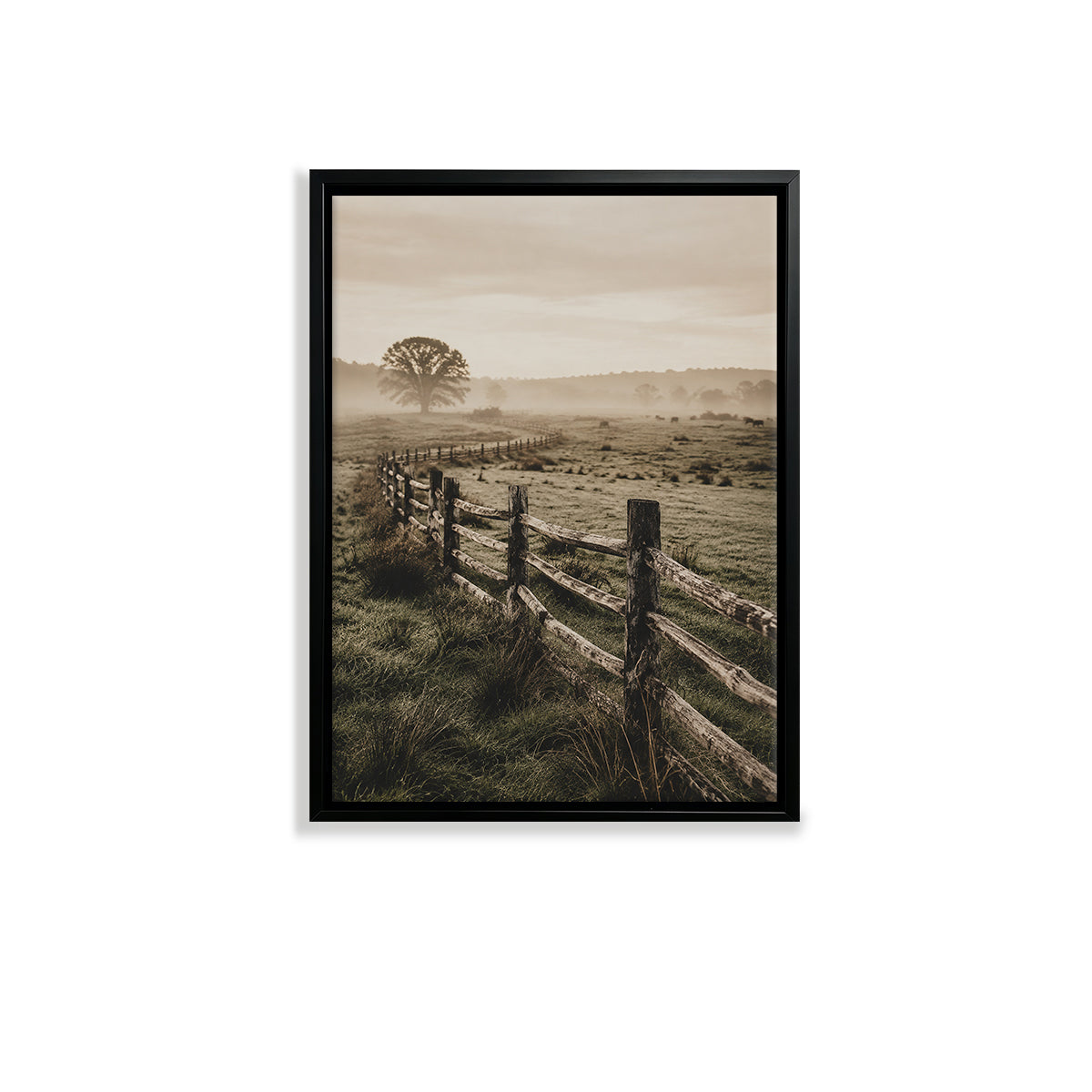 Framed Rural Landscape Art Print with Wooden Fence and Misty Meadow, Vintage Style