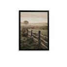 Framed Rural Landscape Art Print with Wooden Fence and Misty Meadow, Vintage Style