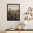 Framed Rural Landscape Art Print with Wooden Fence and Misty Meadow, Vintage Style