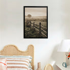 Framed Rural Landscape Art Print with Wooden Fence and Misty Meadow, Vintage Style