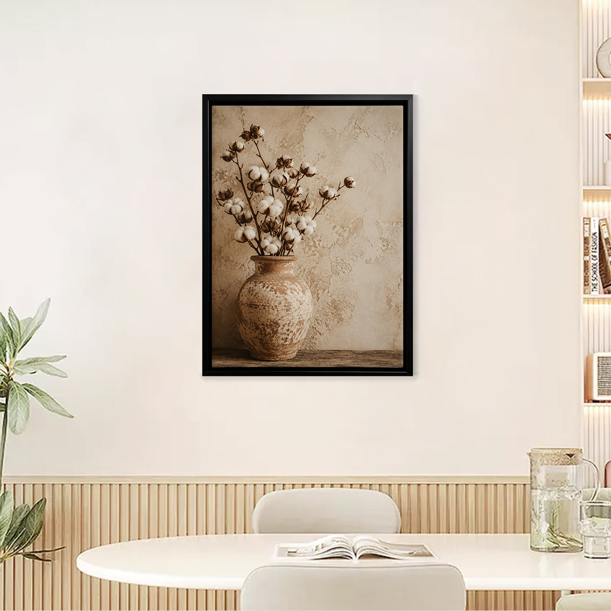 Framed Cotton Blossom Still Life Art Print, Vintage Style Ceramic Vase, Home Decor for Living Room or Bedroom