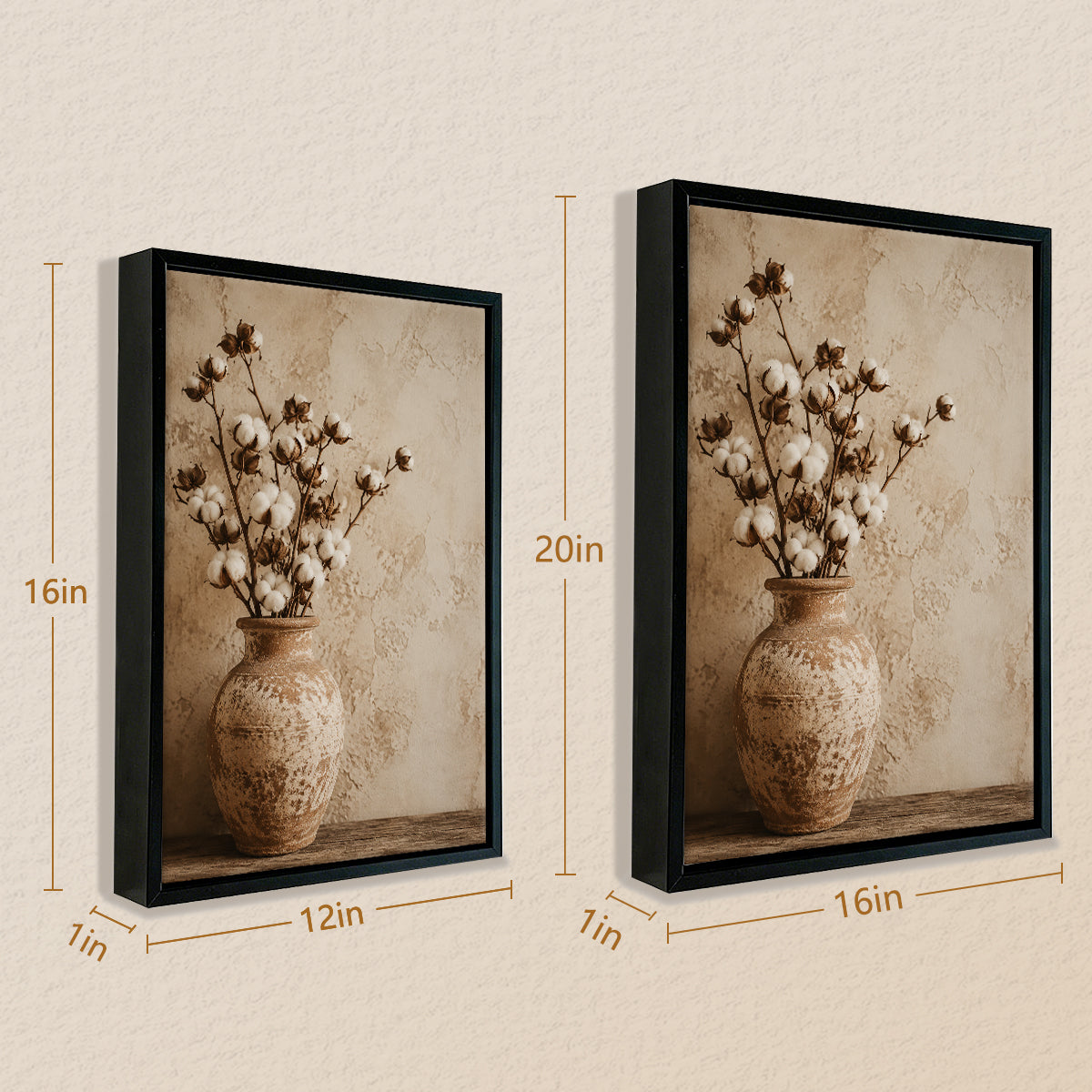 Framed Cotton Blossom Still Life Art Print, Vintage Style Ceramic Vase, Home Decor for Living Room or Bedroom
