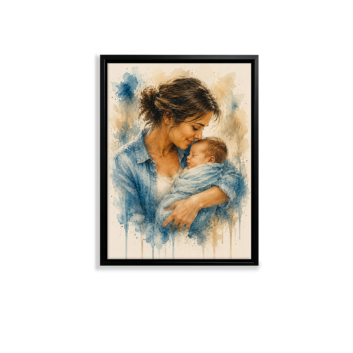Framed Watercolor Art Print of Mother Holding Baby, Vintage Style Canvas for Home Decor, Perfect Gift for New Moms