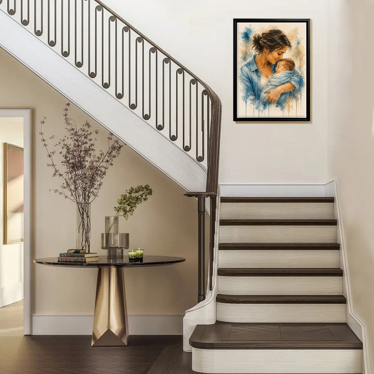Framed Watercolor Art Print of Mother Holding Baby, Vintage Style Canvas for Home Decor, Perfect Gift for New Moms