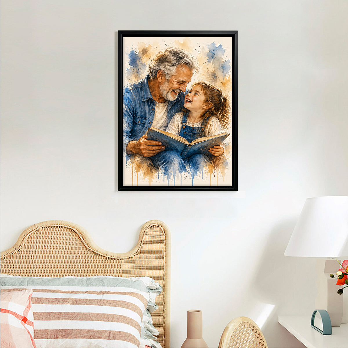 Framed Watercolor Art Print of Grandfather and Granddaughter Reading Together, Perfect Home Decor or Gift