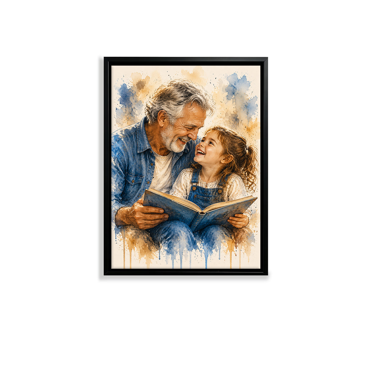 Framed Watercolor Art Print of Grandfather and Granddaughter Reading Together, Perfect Home Decor or Gift