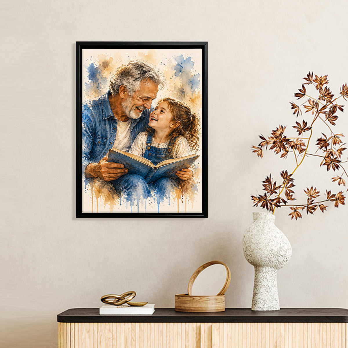 Framed Watercolor Art Print of Grandfather and Granddaughter Reading Together, Perfect Home Decor or Gift