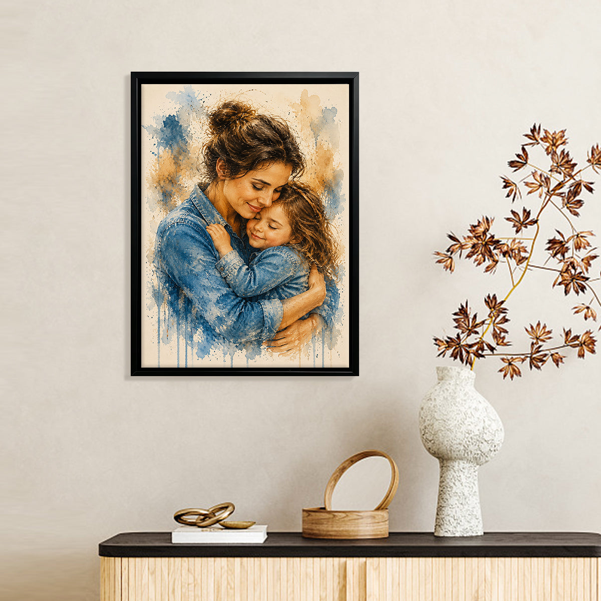 Framed Watercolor Portrait of Mother and Child, Vintage Style, High-Quality Print, Perfect Home Decor or Gift for Mom