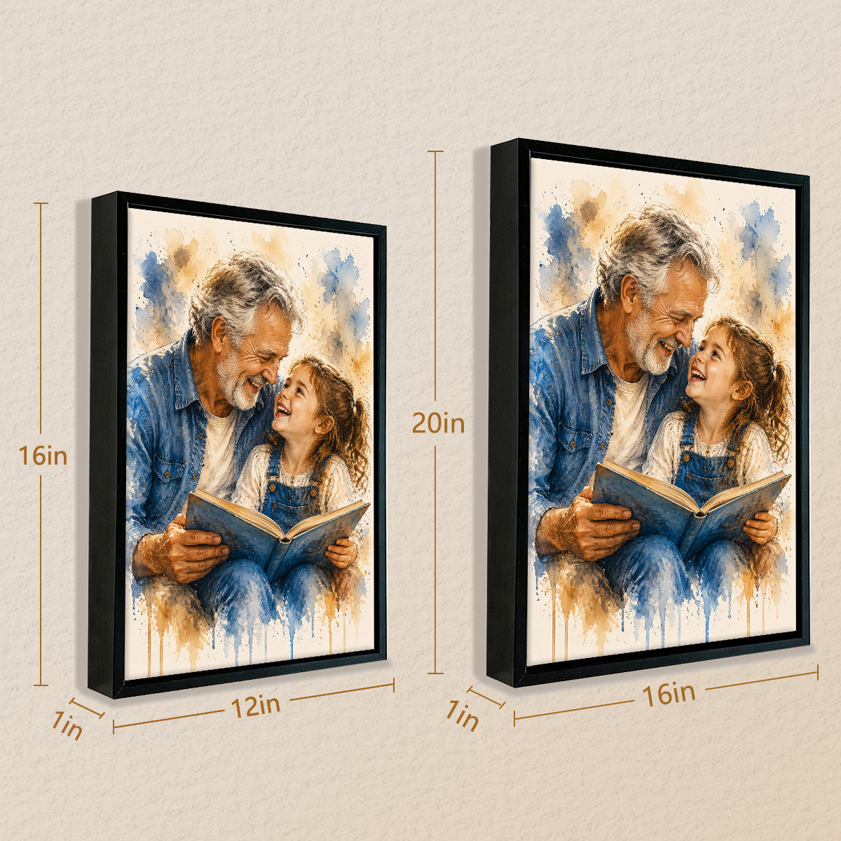 Framed Watercolor Art Print of Grandfather and Granddaughter Reading Together, Perfect Home Decor or Gift