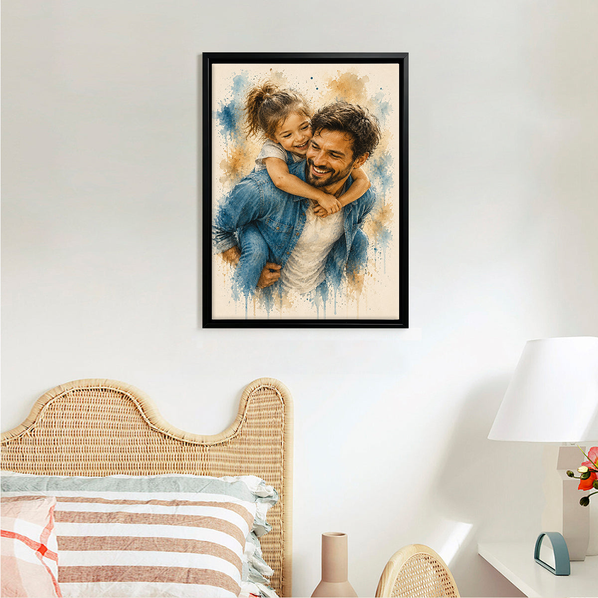 Framed Watercolor Portrait of Father and Daughter, Custom Art Print, High-Quality Matte Paper, Perfect Home Decor or Gift for Parents