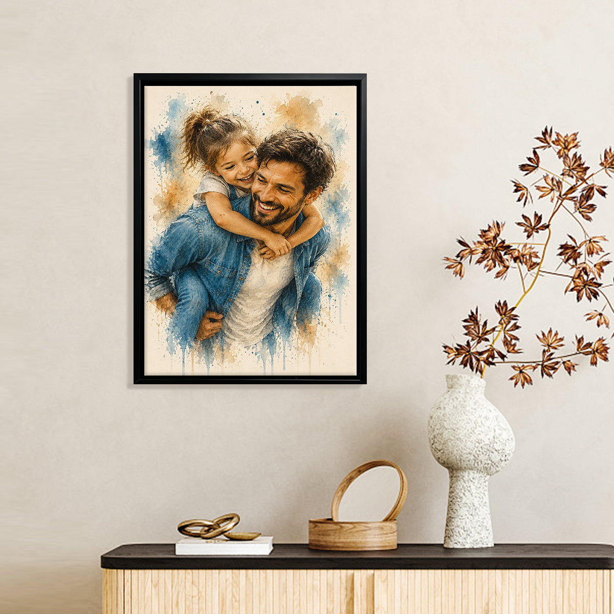 Framed Watercolor Portrait of Father and Daughter, Custom Art Print, High-Quality Matte Paper, Perfect Home Decor or Gift for Parents