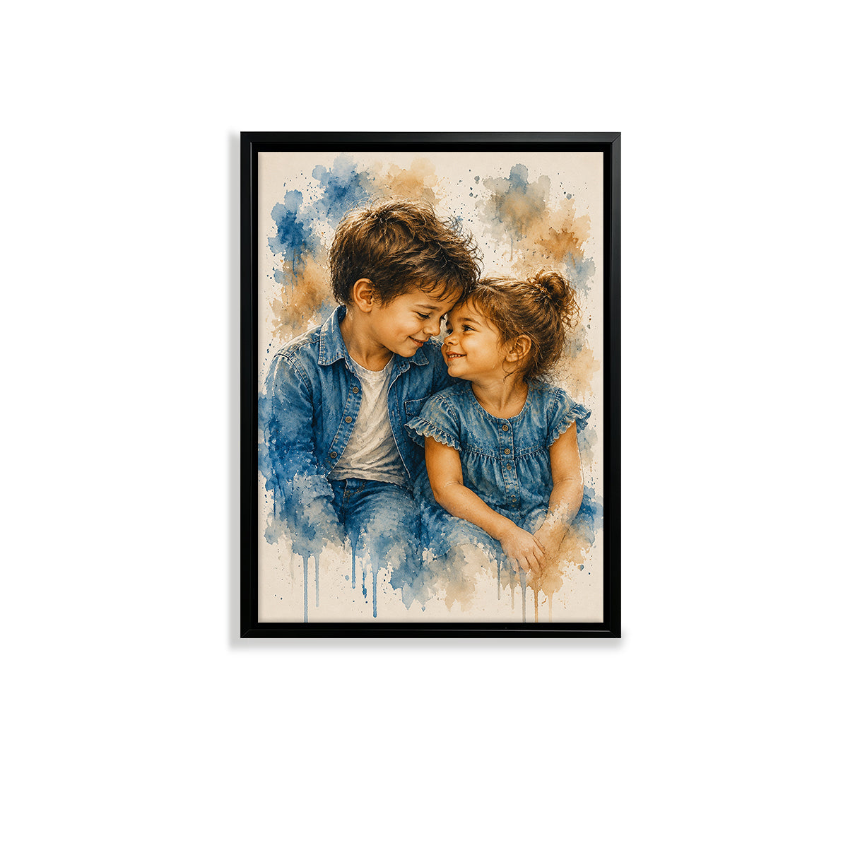 Framed Watercolor Portrait of Two Children in Denim, Artistic Home Decor for Living Room or Bedroom