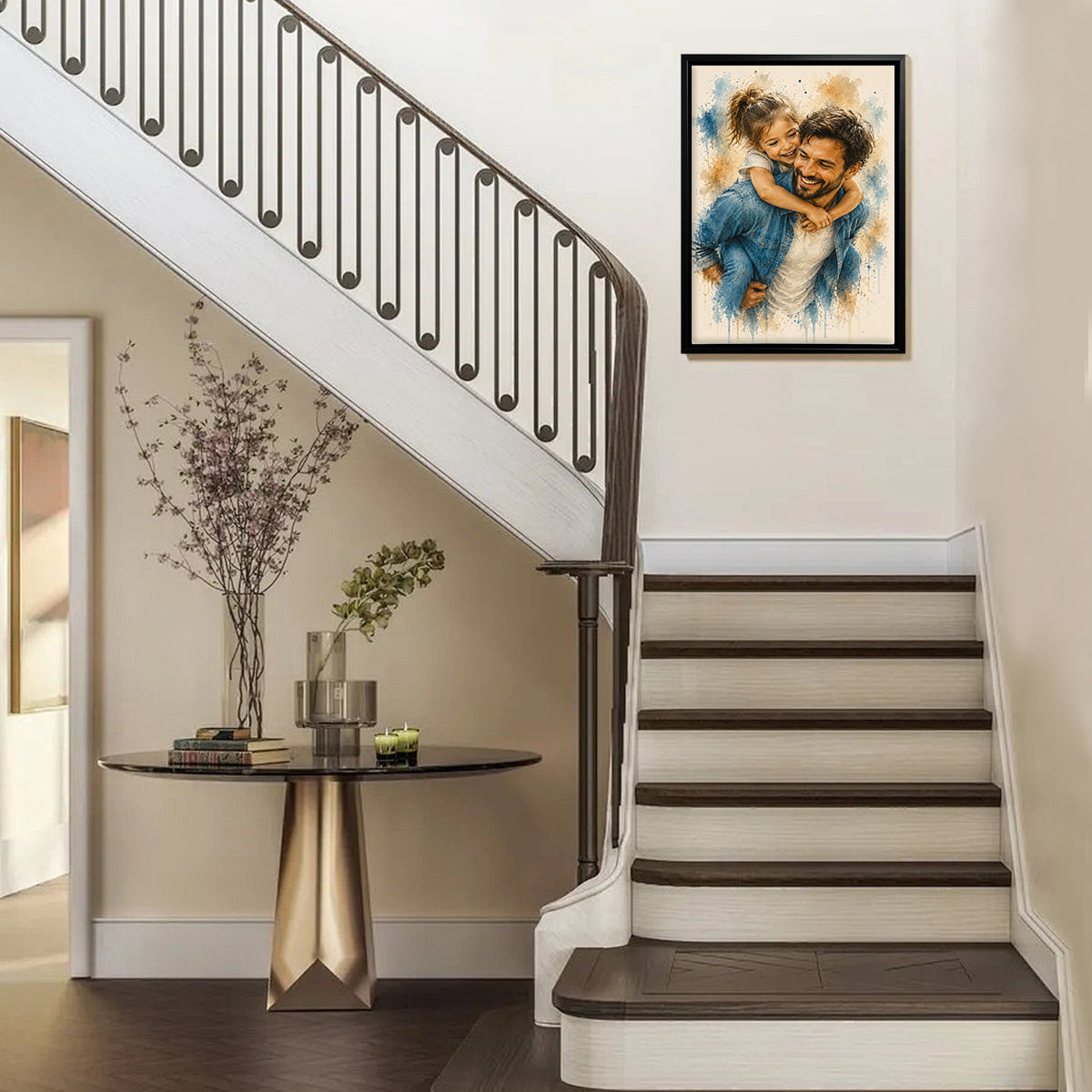 Framed Watercolor Portrait of Father and Daughter, Custom Art Print, High-Quality Matte Paper, Perfect Home Decor or Gift for Parents