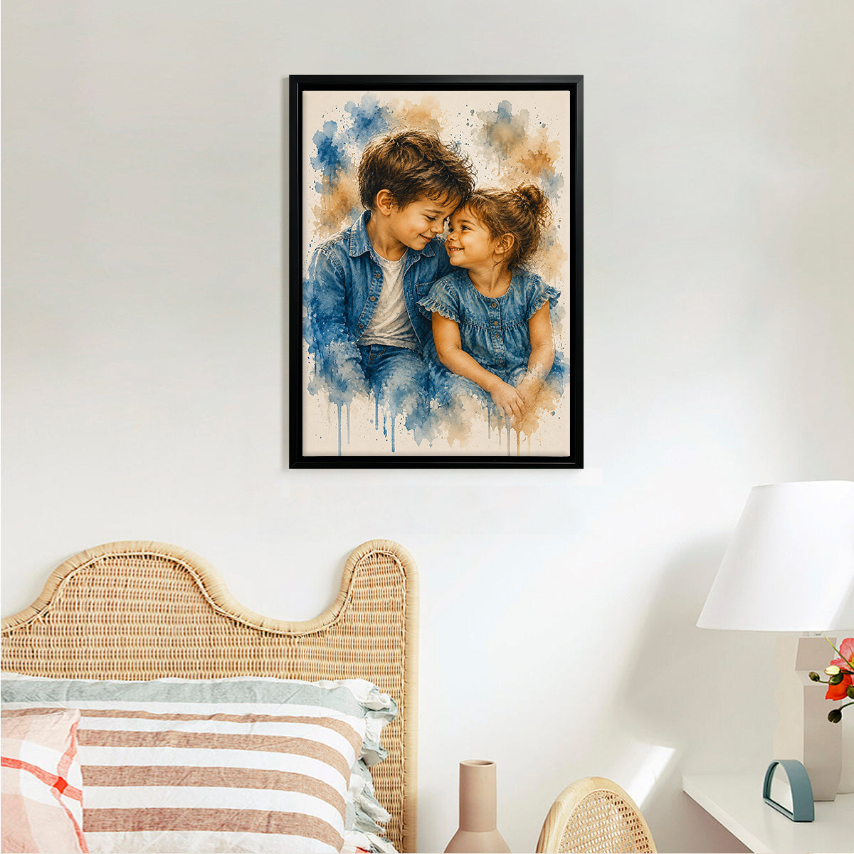 Framed Watercolor Portrait of Two Children in Denim, Artistic Home Decor for Living Room or Bedroom