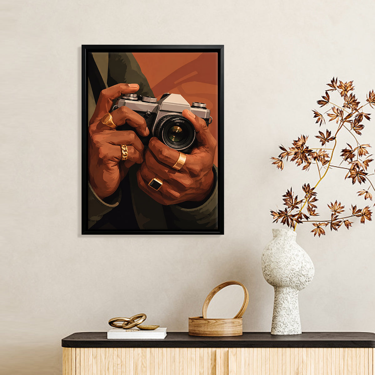 Framed Art Print of Hands Holding a Vintage Camera, Modern Style, High-Quality Matte Finish, Perfect Home Decor for Any Room