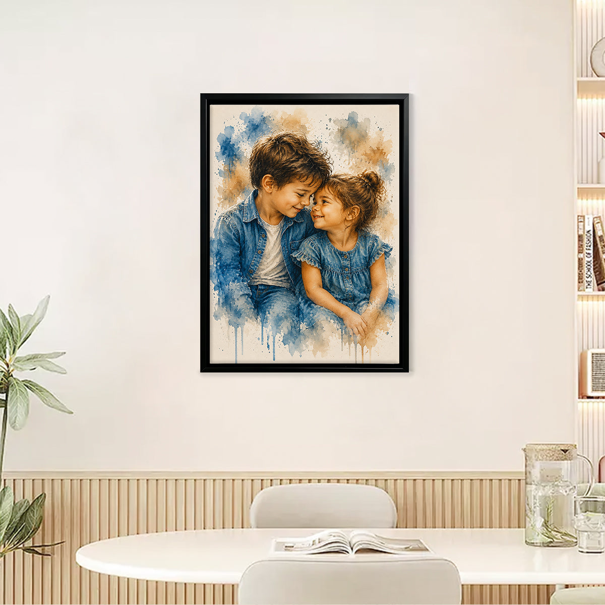 Framed Watercolor Portrait of Two Children in Denim, Artistic Home Decor for Living Room or Bedroom
