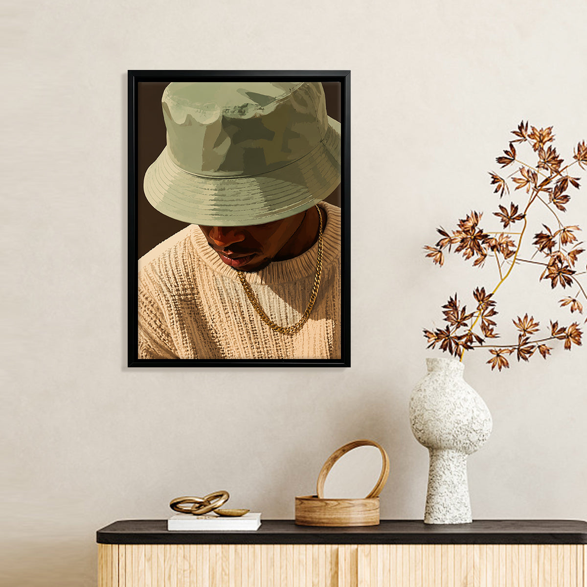 Framed Art Print of a Man in a Bucket Hat and Sweater, Modern Urban Style, High-Quality Matte Finish