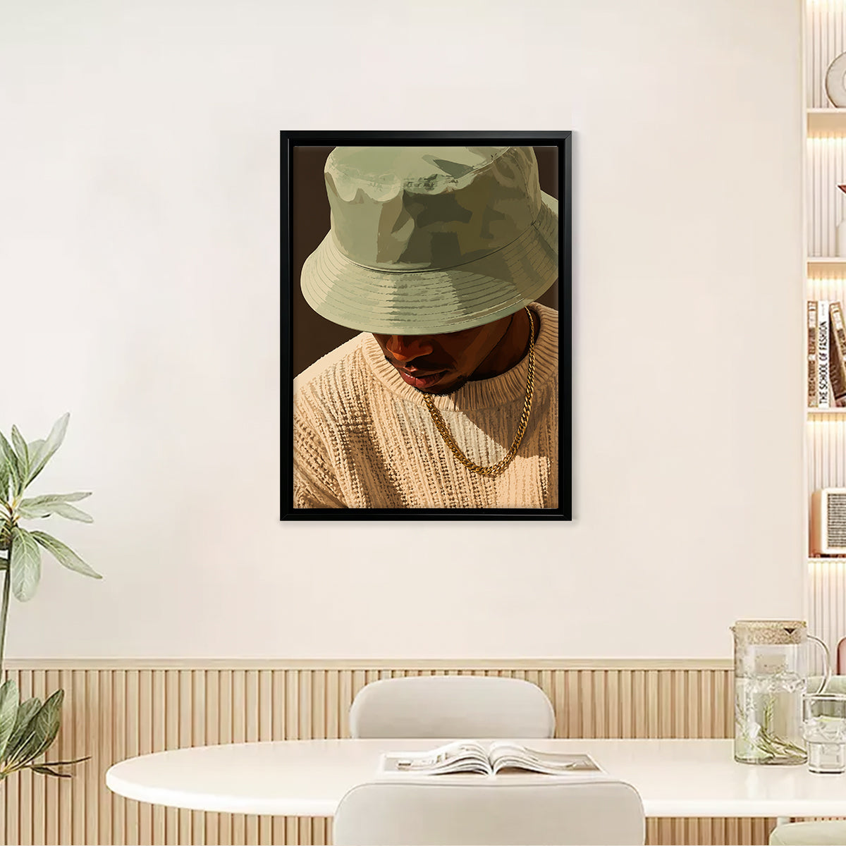 Framed Art Print of a Man in a Bucket Hat and Sweater, Modern Urban Style, High-Quality Matte Finish