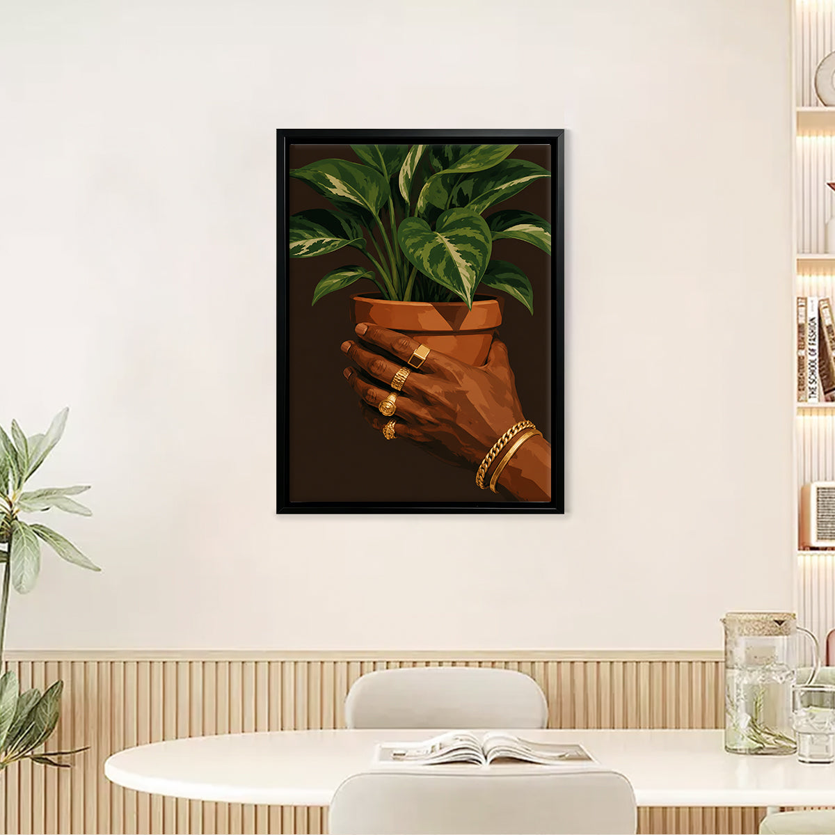 Framed Art Print of Hands Holding a Potted Plant with Gold Jewelry, Modern Home Decor
