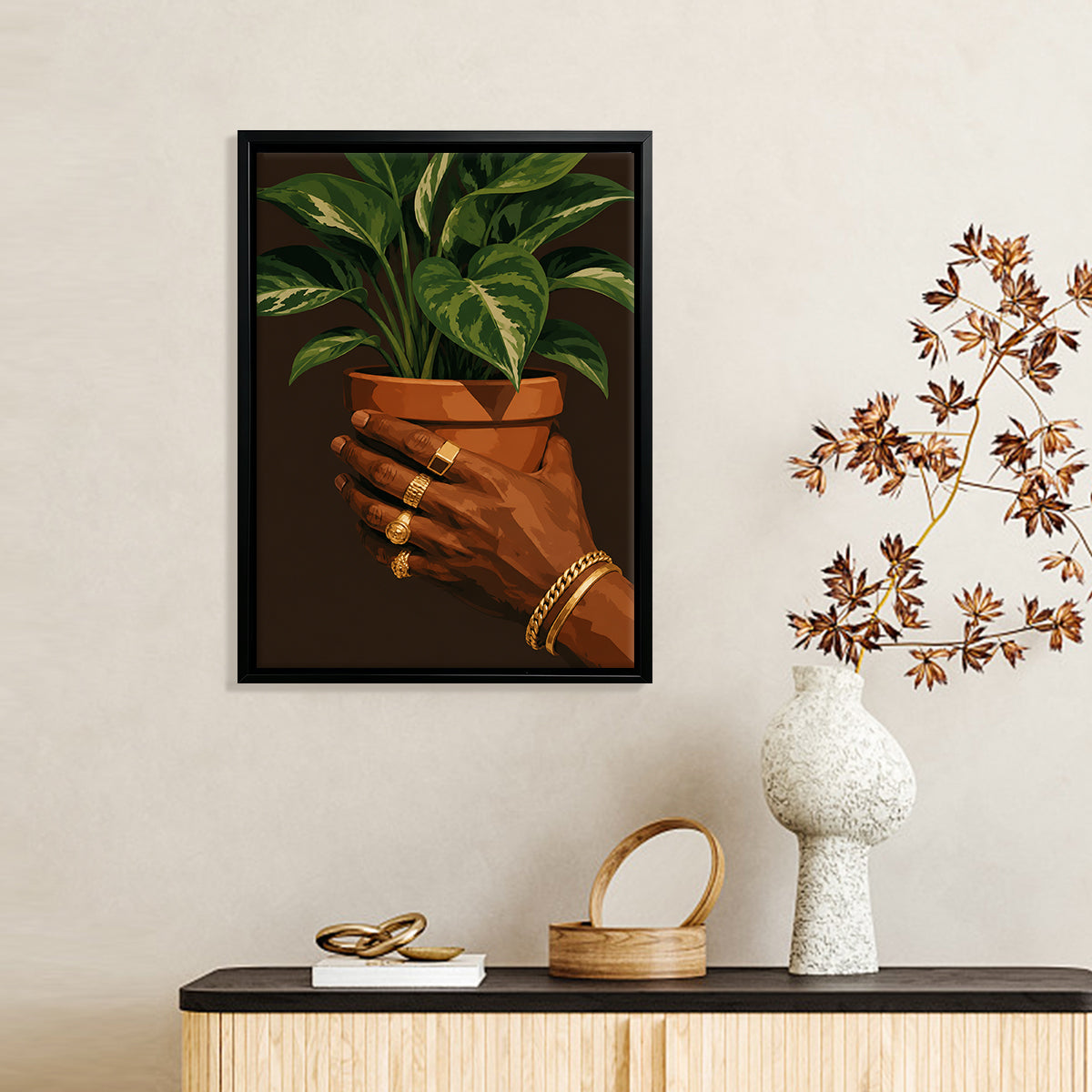 Framed Art Print of Hands Holding a Potted Plant with Gold Jewelry, Modern Home Decor