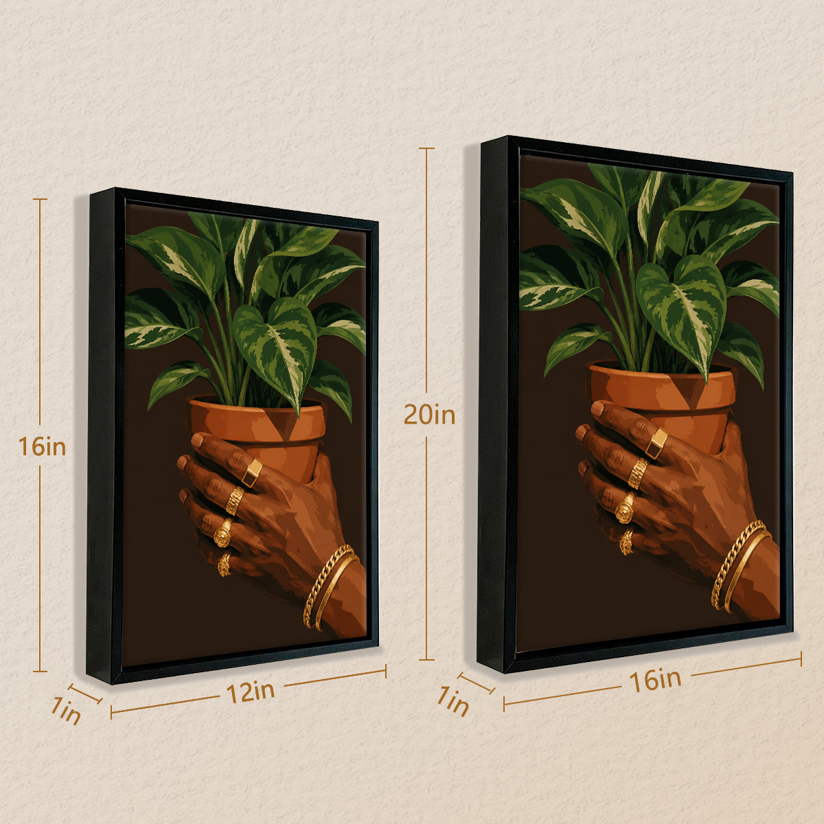 Framed Art Print of Hands Holding a Potted Plant with Gold Jewelry, Modern Home Decor