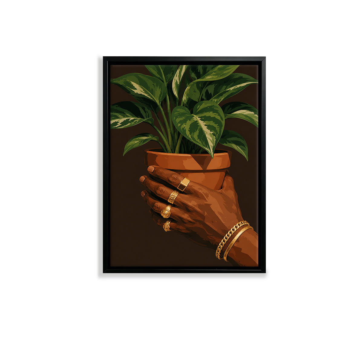 Framed Art Print of Hands Holding a Potted Plant with Gold Jewelry, Modern Home Decor