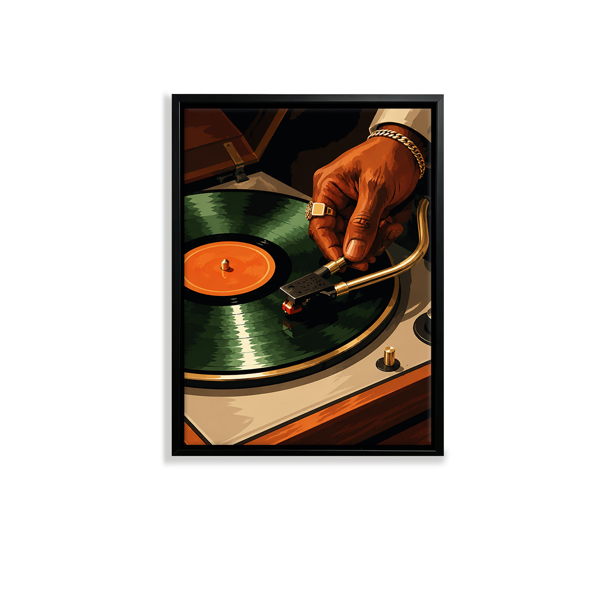 Framed Vinyl Record Art Print, Retro DJ Turntable Scene, High-Quality Canvas, Perfect Home Decor for Music Lovers