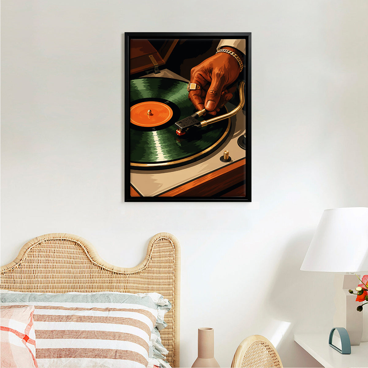 Framed Vinyl Record Art Print, Retro DJ Turntable Scene, High-Quality Canvas, Perfect Home Decor for Music Lovers