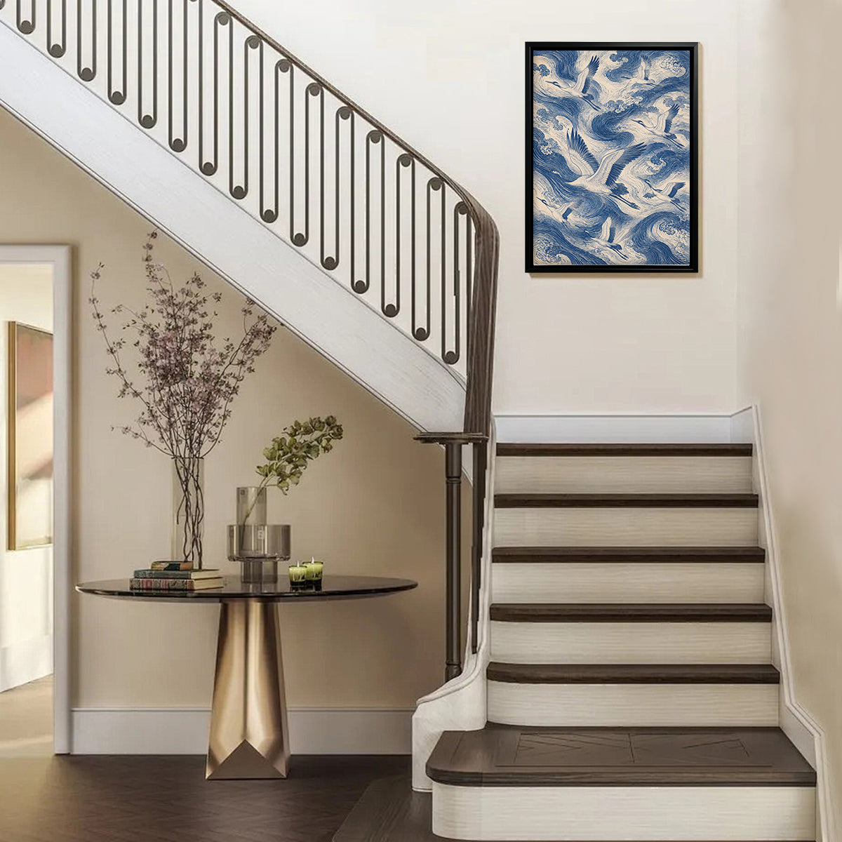 Framed Oriental Crane and Wave Art Print, Vintage Blue & White Style, Perfect Home Decor for Living Room or Office