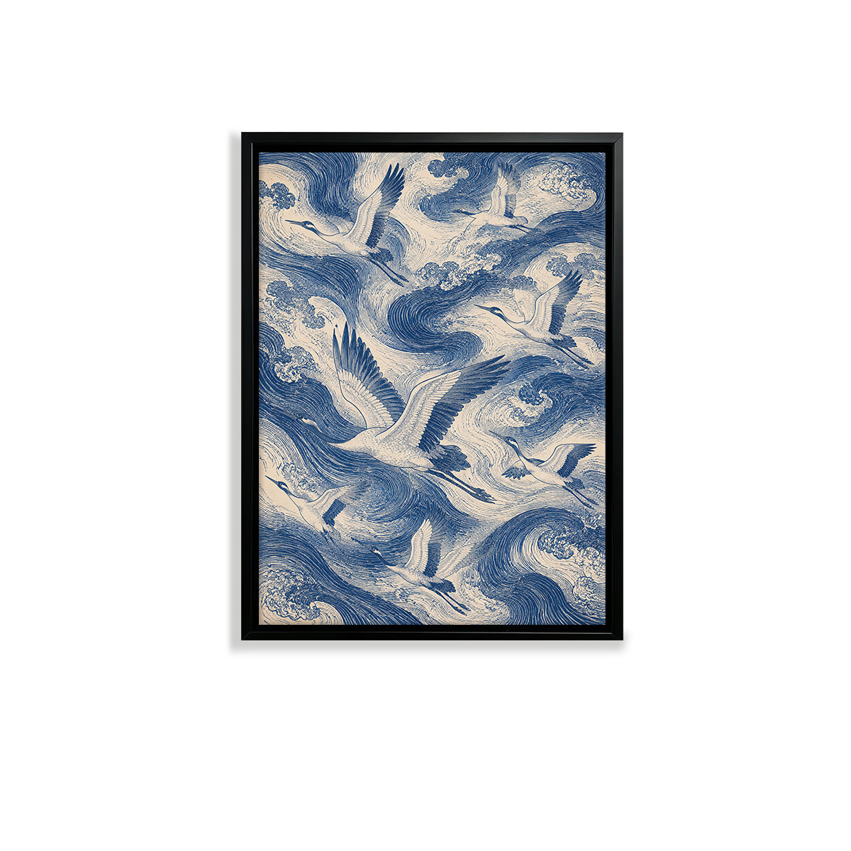 Framed Oriental Crane and Wave Art Print, Vintage Blue & White Style, Perfect Home Decor for Living Room or Office