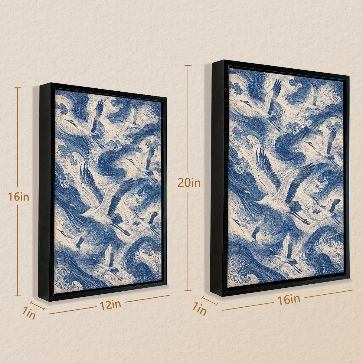 Framed Oriental Crane and Wave Art Print, Vintage Blue & White Style, Perfect Home Decor for Living Room or Office
