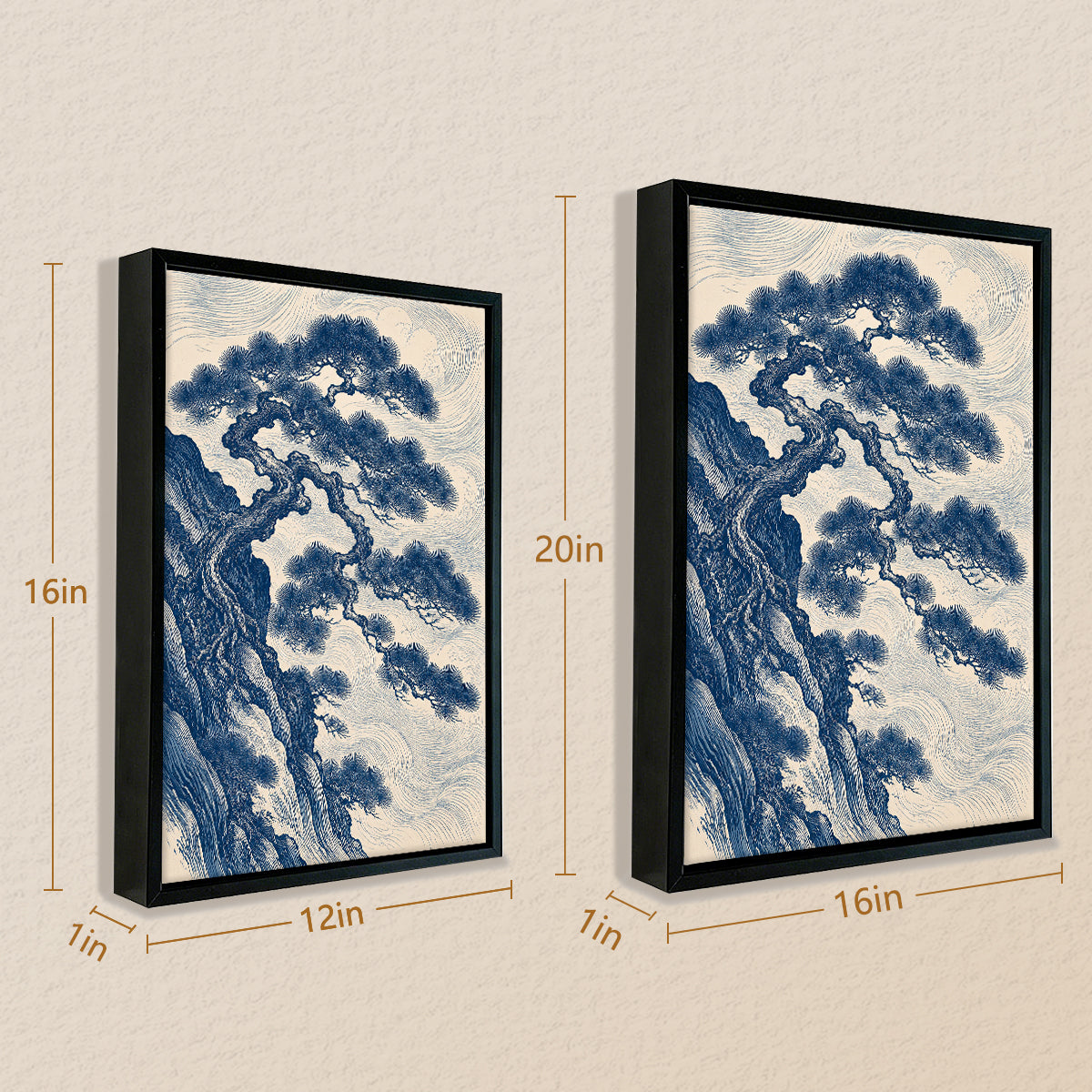 Framed Blue and White Pine Tree Art Print, Traditional Asian Style, High-Quality Giclee Print, Perfect for Home Decor in New York