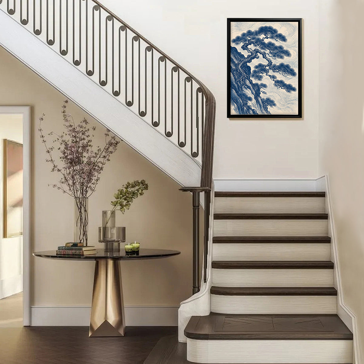 Framed Blue and White Pine Tree Art Print, Traditional Asian Style, High-Quality Giclee Print, Perfect for Home Decor in New York